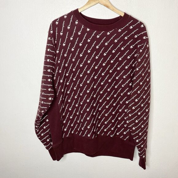 Champion Reverse Weave Burgundy CrewNeck All Over Print Sweatshirt Mens Large‎ - Picture 1 of 13